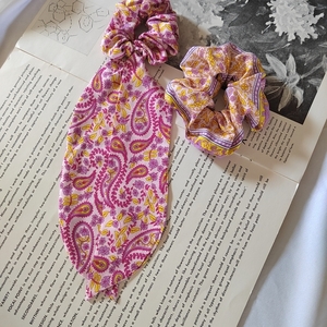Χειροποιητο υφασμάτινο scarf scrunchie λαστιχάκι μαλλιών κοκαλάκι με λαχουρια και ουρά 1τμχ medium size. - ύφασμα, boho, λαστιχάκια μαλλιών - 3
