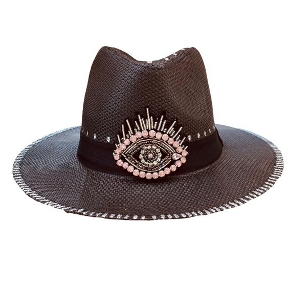 Καπέλο Panama black - Pinky Crystal eye - απαραίτητα καλοκαιρινά αξεσουάρ, ψάθινα