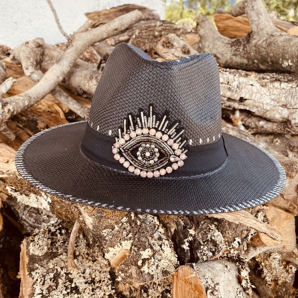 Καπέλο Panama black - Pinky Crystal eye - απαραίτητα καλοκαιρινά αξεσουάρ, ψάθινα - 2
