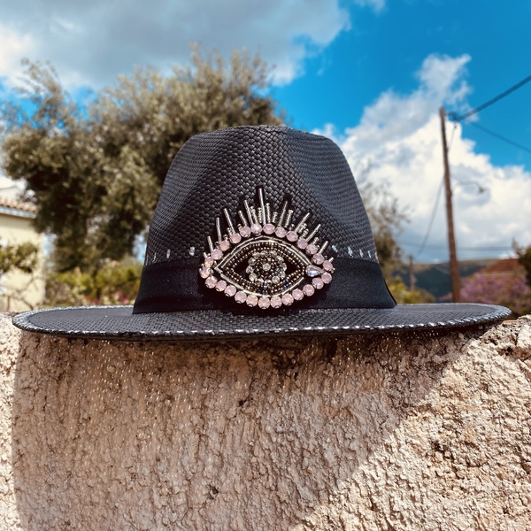 Καπέλο Panama black - Pinky Crystal eye - απαραίτητα καλοκαιρινά αξεσουάρ, ψάθινα - 3
