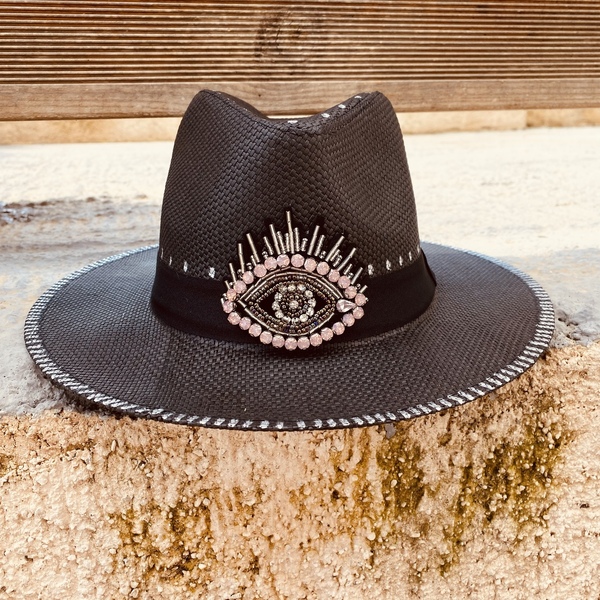 Καπέλο Panama black - Pinky Crystal eye - απαραίτητα καλοκαιρινά αξεσουάρ, ψάθινα - 4