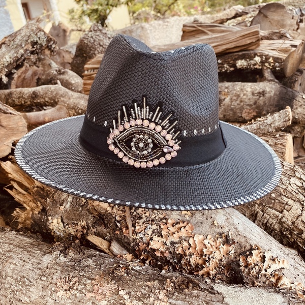 Καπέλο Panama black - Pinky Crystal eye - απαραίτητα καλοκαιρινά αξεσουάρ, ψάθινα - 5