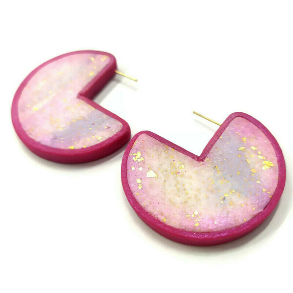 Σκουλαρίκια τύπου κρίκοι από ροζ / φούξια πηλό - πηλός, κρίκοι, ατσάλι, καρφάκι - 2