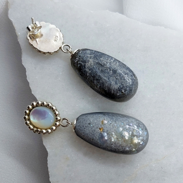 Σκουλαρίκια από ασήμι 925 και υγρό γυαλί με πέτρα φίλντισι / Victoria earrings - ασήμι, ασήμι 925, μακριά, κρεμαστά, καρφάκι - 5