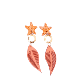 "Windy Starfish" Ι Χειροποίητα μοντέρνα καλοκαιρινά καρφωτά μακριά σκουλαρίκια από πολυμερικό πηλό με τεχνική marble - 8 cm - χρώμα κεραμιδί - κρεμαστά, ατσάλι, καρφάκι, πηλός, μακριά