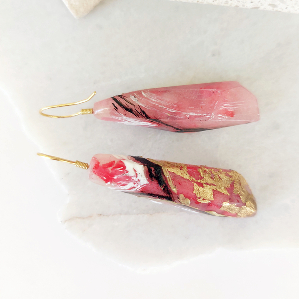 Σκουλαρίκια ελαφριά από υγρό γυαλί με ασημένιο γαντζάκι| Red Marble - ασήμι, γυαλί, επιχρυσωμένα, κρεμαστά - 4