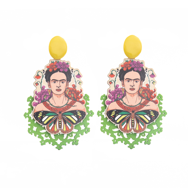 Σκουλαρίκια Ξύλινα "Frida in Color" - ξύλο, boho, κρεμαστά, μεγάλα, καρφάκι