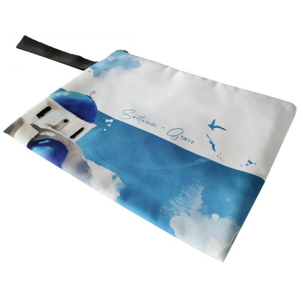 Τσάντα φάκελος χειρός από ύφασμα με εκτύπωση prints flat handbag 31X23 εκ "Santorini" - ύφασμα, φάκελοι, μεγάλες, all day, χειρός