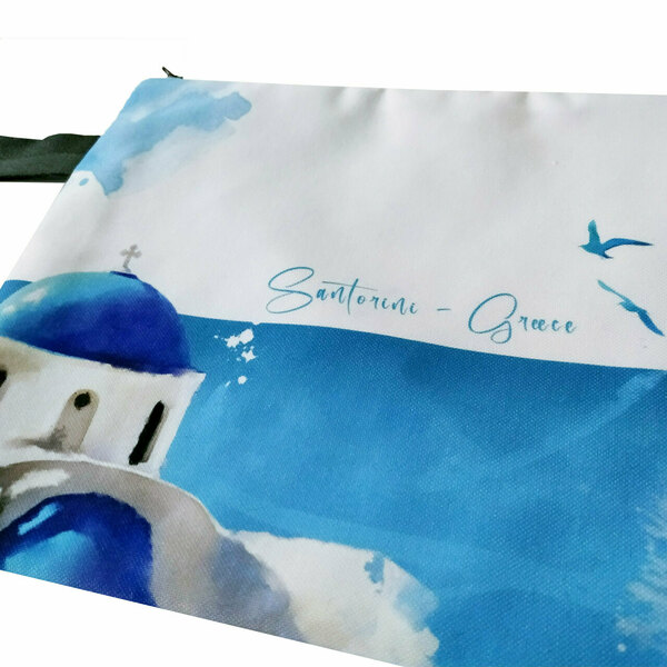 Τσάντα φάκελος χειρός από ύφασμα με εκτύπωση prints flat handbag 31X23 εκ "Santorini" - ύφασμα, φάκελοι, μεγάλες, all day, χειρός - 2