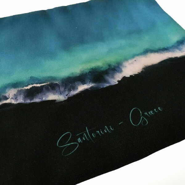 Τσάντα φάκελος χειρός από ύφασμα με εκτύπωση prints flat handbag 31X23 εκ "Black Sand Santorini" - ύφασμα, φάκελοι, μεγάλες, all day, χειρός - 2