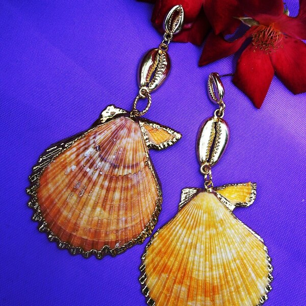 Shell earrings 2 - επιχρυσωμένα, ατσάλι, κρεμαστά, μεγάλα