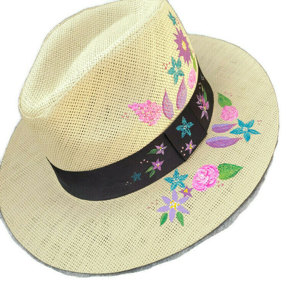 Καπέλο ψάθινο ζωγραφισμένο στο χέρι - ζωγραφισμένα στο χέρι, λουλούδια, ψάθινα