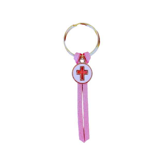 Μαρτυρικά βάπτισης μπρελόκ με suede κορδόνι και κρεμαστό ροζ σταυρουδάκι, σετ 10 τμχ - κορίτσι, σταυρός, κρεμαστά στοιχεία