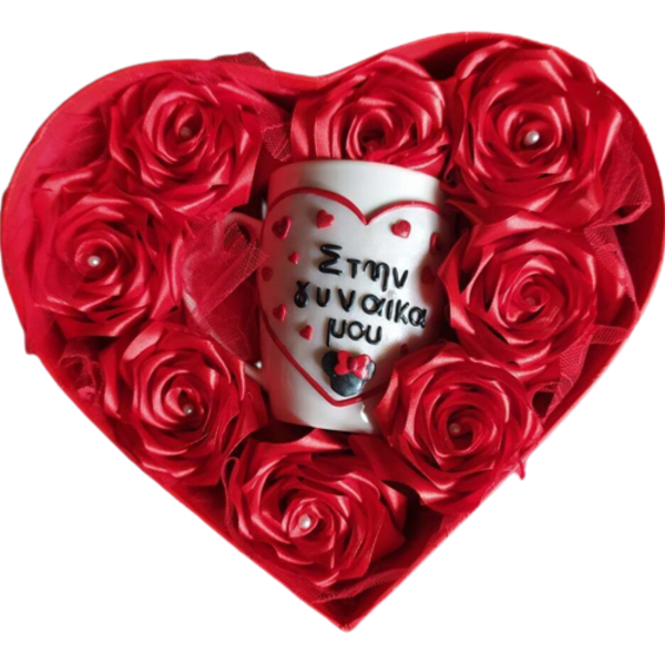 Κουτί καρδιά με χειροποίητα τριαντάφυλλα κόκκινα και 3D κούπα από πολυμερικό πηλό - αγάπη, πηλός, δώρα, πορσελάνη, ζευγάρια, δώρα αγίου βαλεντίνου, κούπες & φλυτζάνια