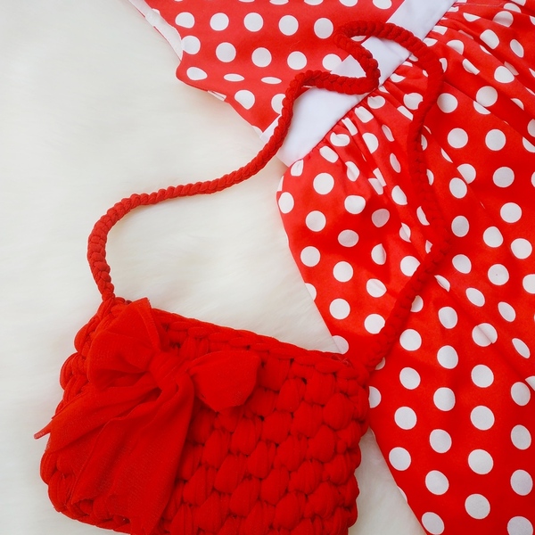 Πλεκτό κόκκινο κοριτσίστικο τσαντάκι με φιόγκο - νήμα, κορίτσι, δώρο, χιαστί - 2