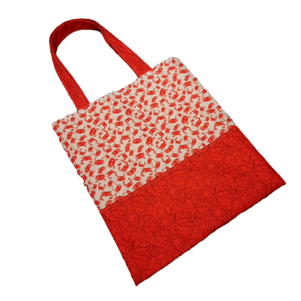 Βαμβακερη τσάντα tote με καβουράκια σε αποχρώσεις του κόκκινου. Διαστάσεις 42x37εκατοστά - ύφασμα, ώμου, μεγάλες, all day, tote - 2