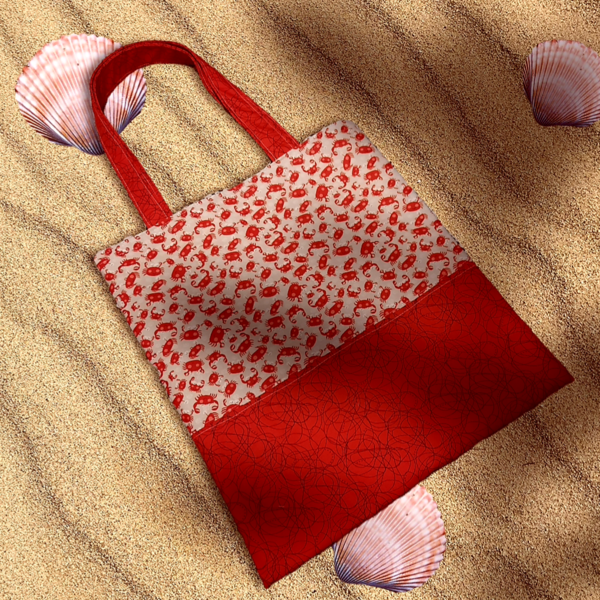 Βαμβακερη τσάντα tote με καβουράκια σε αποχρώσεις του κόκκινου. Διαστάσεις 42x37εκατοστά - ύφασμα, ώμου, μεγάλες, all day, tote - 3