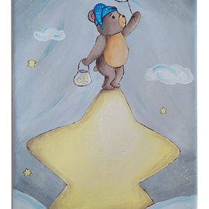 Πινακακι ζωγραφικής αρκουδάκι στα αστεράκια για το παιδικό δωμάτιο 20X30cm - αγόρι, αρκουδάκι, ζωάκια, παιδικοί πίνακες