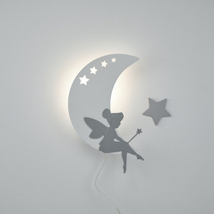 Παιδικό Ξύλινο Φωτιστικό Φεγγάρι Ρόζ με γκρι νεράιδα - παιδικά φωτιστικά - 2