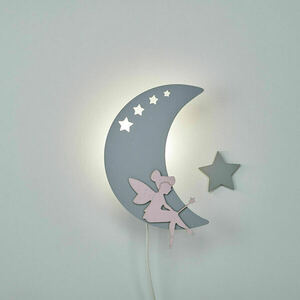 Παιδικό Ξύλινο Φωτιστικό Φεγγάρι Ρόζ με γκρι νεράιδα - παιδικά φωτιστικά - 3