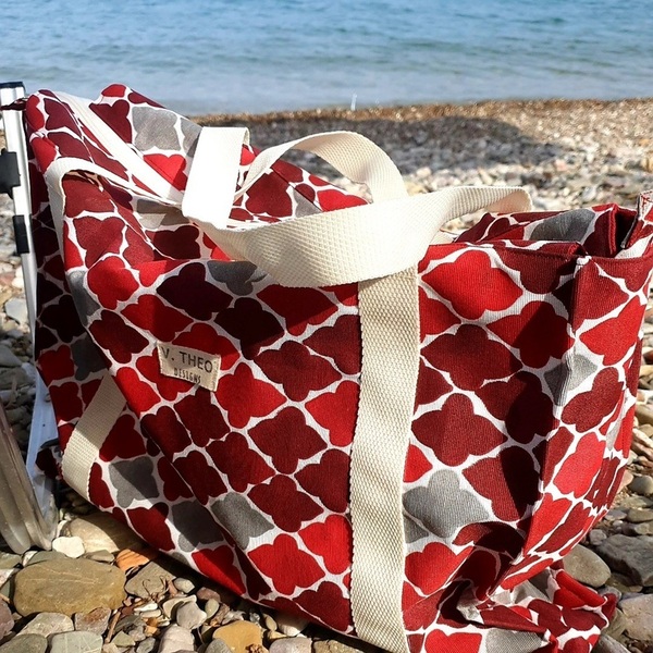 Τσάντα θαλάσσης μεγάλη με κόκκινο μοτίβο - ύφασμα, ώμου, μεγάλες, θαλάσσης, tote - 4