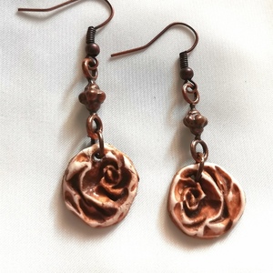 "Brown Roses" Handmade Rose Shaped Dangle Earrings (4.5cm Height) - πηλός, μακριά, λουλούδι, μικρά, κρεμαστά - 2