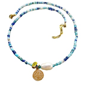 Boho κολιέ με μαργαριτάρι, ατσάλινο φλουράκι κ χάντρες - ημιπολύτιμες πέτρες, μαργαριτάρι, τσόκερ, φλουριά, seed beads