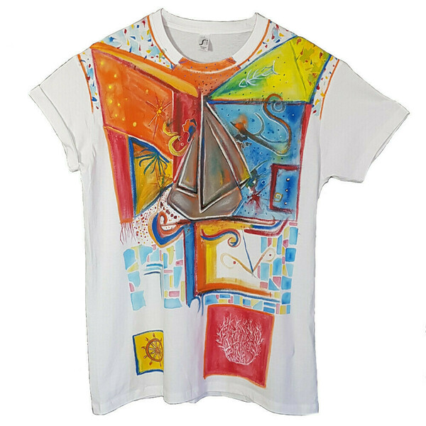 SEA WORLD - Ανδρικό - 100% βαμβακερό, λευκό t-shirt. Ζωγραφισμένο στο χέρι. Μέγεθος L - ζωγραφισμένα στο χέρι, καραβάκι, 100% βαμβακερό