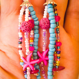Μακρύ boho σκουλαρίκι με φούξια αστερίες - ασήμι, ημιπολύτιμες πέτρες, χάντρες, boho, κρεμαστά - 3