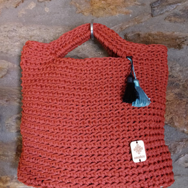 Χειροποίητη τσάντα χεριού crochet roof tile red - νήμα, all day, χειρός, tote, πλεκτές τσάντες - 2