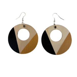 Σκουλαρίκια ξύλινα βαμμένα στοχεύει με ακρυλικό μαύρο χρυσό 7 εκ - ξύλο, κρεμαστά, γάντζος, φθηνά
