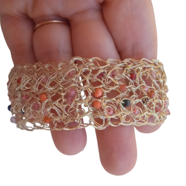 Wire crochet φαρδύ βραχιόλι με χάντρες - μήκος 17 cm - χαλκός, χάντρες, σταθερά, χεριού, φαρδιά - 2