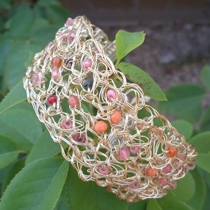 Wire crochet φαρδύ βραχιόλι με χάντρες - μήκος 17 cm - χαλκός, χάντρες, σταθερά, χεριού, φαρδιά - 4