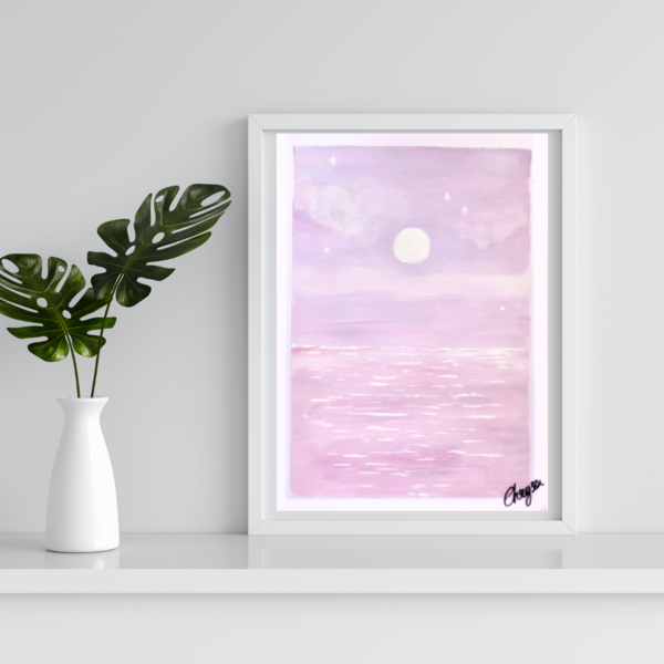 Purple moonlight painting Α5 - πίνακες & κάδρα, αστέρι, φεγγάρι, θάλασσα, πίνακες ζωγραφικής