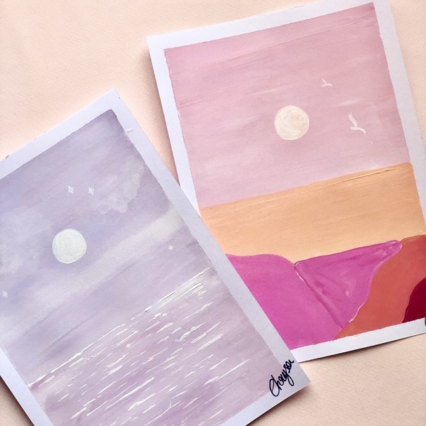 Purple moonlight painting Α5 - πίνακες & κάδρα, αστέρι, φεγγάρι, θάλασσα, πίνακες ζωγραφικής - 2