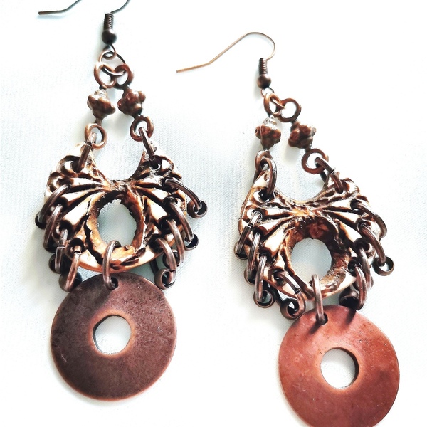 "Largesse Earrings" Handmade Embossed Dangle Earrings with Copper Hoops (8.0cm Height) - χαλκός, πηλός, χάντρες, κρεμαστά, μεγάλα - 2
