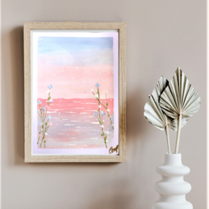 pink-blue sunset A5 - πίνακες & κάδρα, λουλούδια, θάλασσα, πίνακες ζωγραφικής