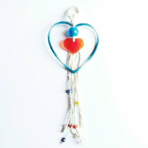 Ονειροπαγίδα, γυάλινη καρδιά με μπλε χάντρα 11.00x11.00cm - ονειροπαγίδα, χειροποίητα, διακοσμητικά, γούρια