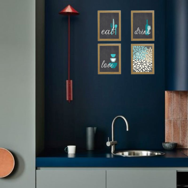 Σετ 4 καδράκια για την κουζίνα σε γκρι-μπλε με ξύλινη κορνίζα σε φυσικό χρώμα (21 χ 16 εκ. ) - πίνακες & κάδρα - 5