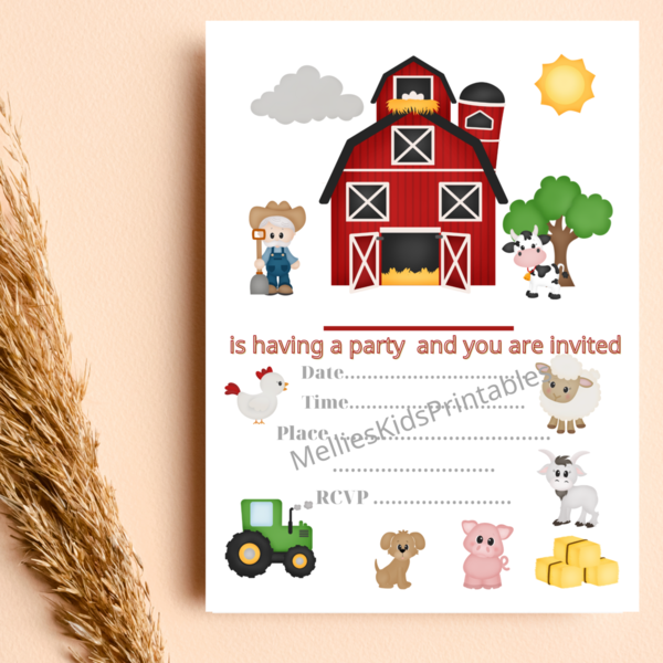 Farm party invitation English, digital product (for printing at home), 5*7 inches, 2,5*3,5 inches - birthday, party, κάρτες, προσκλητήρια - 2