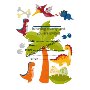 Dinosaurs party invitation English, digital product for printing at home, 5*7inches,  2,5*3,5 inches. - party, κάρτες