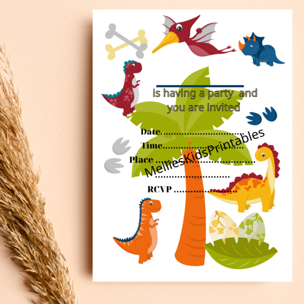 Dinosaurs party invitation English, digital product for printing at home, 5*7inches,  2,5*3,5 inches. - party, κάρτες, προσκλητήρια - 2