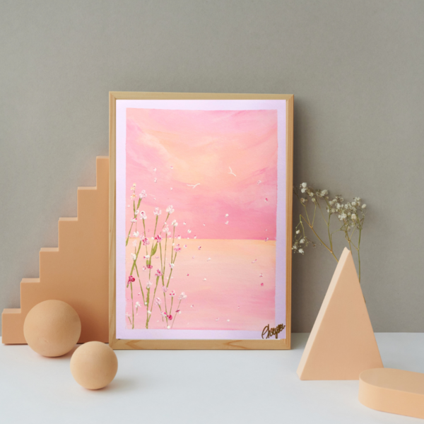 pink river painting A5 - πίνακες & κάδρα, λουλούδια, πίνακες ζωγραφικής