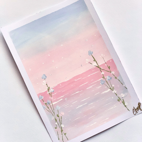 pink-blue sunset A5 - πίνακες & κάδρα, λουλούδια, θάλασσα, πίνακες ζωγραφικής - 2