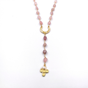 Κολιέ αλυσίδα ροζάριο µε ροζ quartz και σταυρό - ημιπολύτιμες πέτρες, επιχρυσωμένα, σταυρός, μακριά, ροζάριο