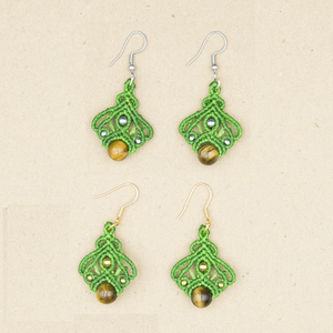 Σκουλαρίκια, πράσινο χρώματος, με Μάτι της Τίγρης, γάντζοι από ασήμι 925 - ημιπολύτιμες πέτρες, μακραμέ, μικρά, κρεμαστά - 4