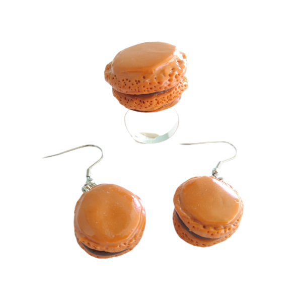 Σετ δαχτυλίδι και ατσάλινα σκουλαρίκια macaron πορτοκαλί με πολυμερικό πηλό / μεγάλο / μεταλλική βάση / αυξομειούμενο / Twice Treasured - πηλός, cute, γλυκά, kawaii, σετ κοσμημάτων - 2