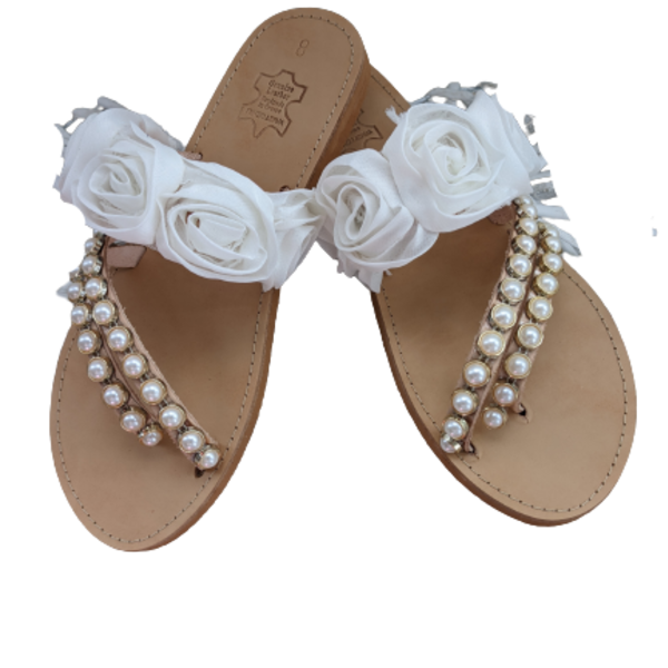 Δερματινα Σανδάλια White Pearls and Roses - δέρμα, πέρλες, φλατ, slides