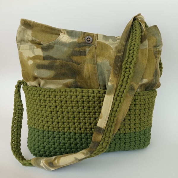 Χειροποίητη τσάντα πλεγμένη με βελονάκι και επένδυση ύφασμα σε φθινοπωρινές αποχρώσεις - ύφασμα, νήμα, ώμου, all day, πλεκτές τσάντες - 3