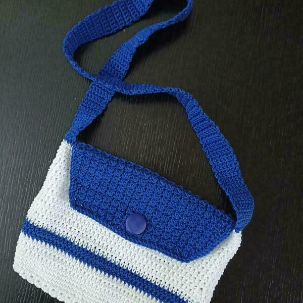 Χειροποίητη παιδική τσάντα χιαστί λευκό και μπλε ρουά 23Χ17 - τσαντάκια - 4